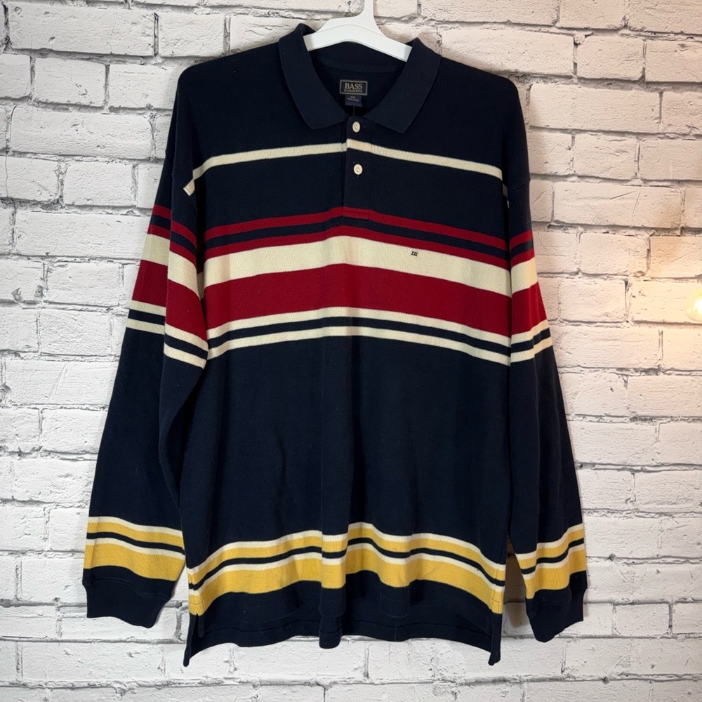 G.H. Bass & Co  90s Y2K Striped Knit Rugby Polo Sweater Navy Blue Size XXL NWT